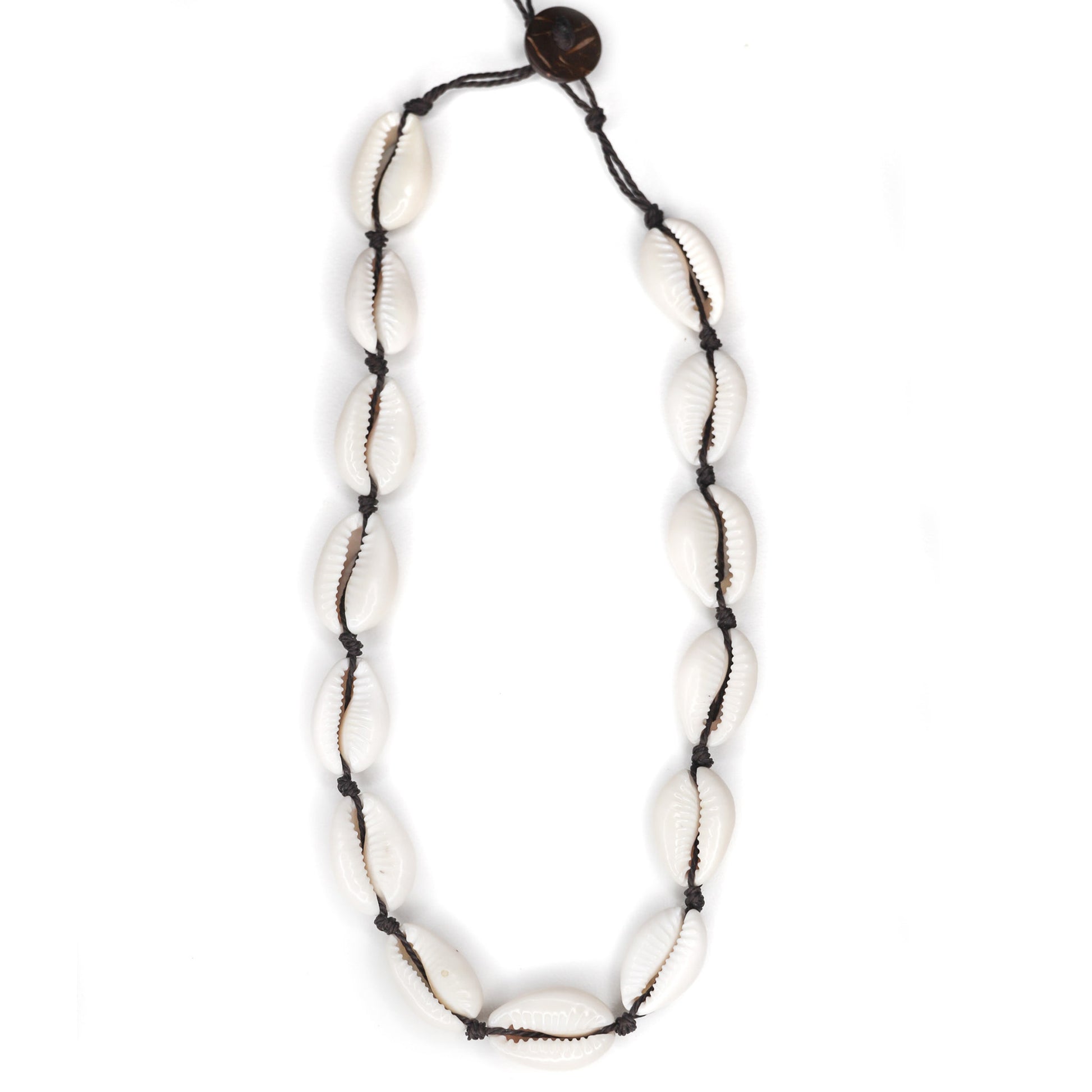 A brown cowrie shell choker necklace with adjustable clasp. 