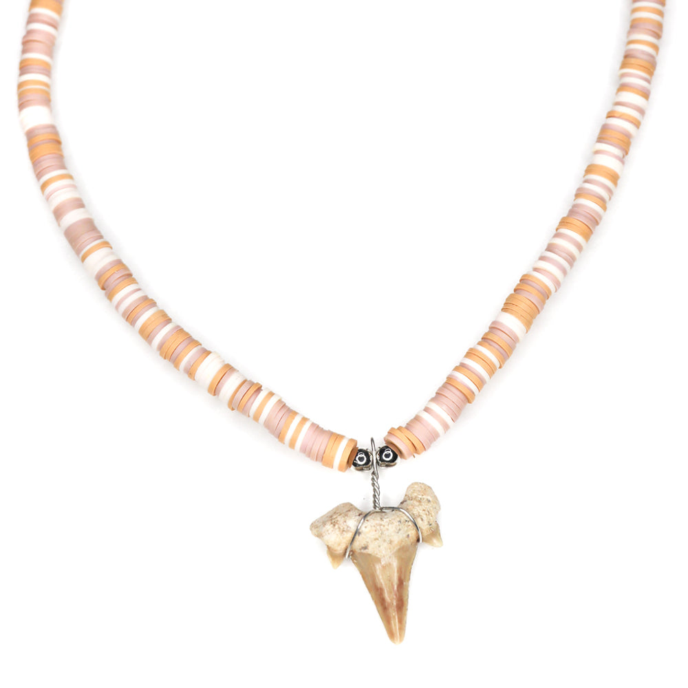 charming shark, multi colored fimo necklace, shark tooth necklace, women, teen, kids, unisex, nude color, brown, beige, colorful, white, cool, trendy, pattern colors