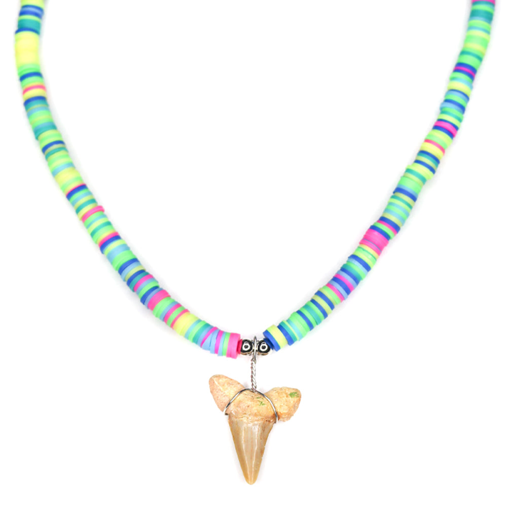 charming shark, multi colored fimo necklace, shark tooth necklace, women, teen, kids, unisex, colorful, rainbow, green, blue, pink, baby blue, neon , cool, trendy