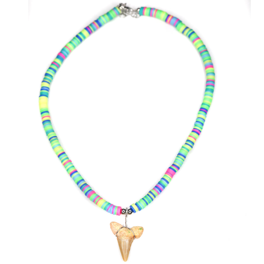 charming shark, multi colored fimo necklace, shark tooth necklace, women, teen, kids, unisex, colorful, rainbow, green, blue, pink, baby blue, neon , cool, trendy