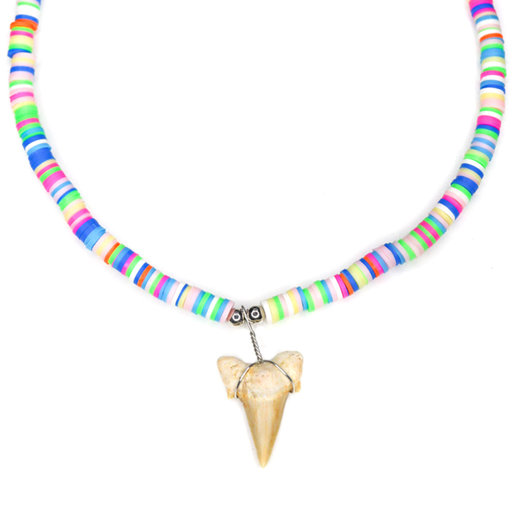 charming shark, multi colored fimo necklace, shark tooth necklace, women, teen, kids, colorful, rainbow, green, blue, pink, baby blue, neon , cool, trendy, happy